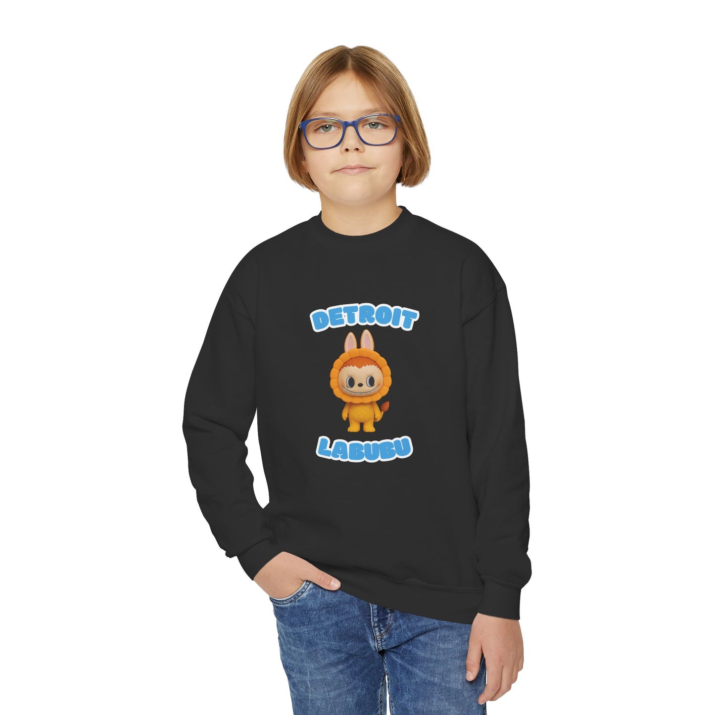 Detroit Labubu Youth Crewneck Sweatshirt | Strength & Kindness Collection | Cozy Kids Lion Graphic Pullover