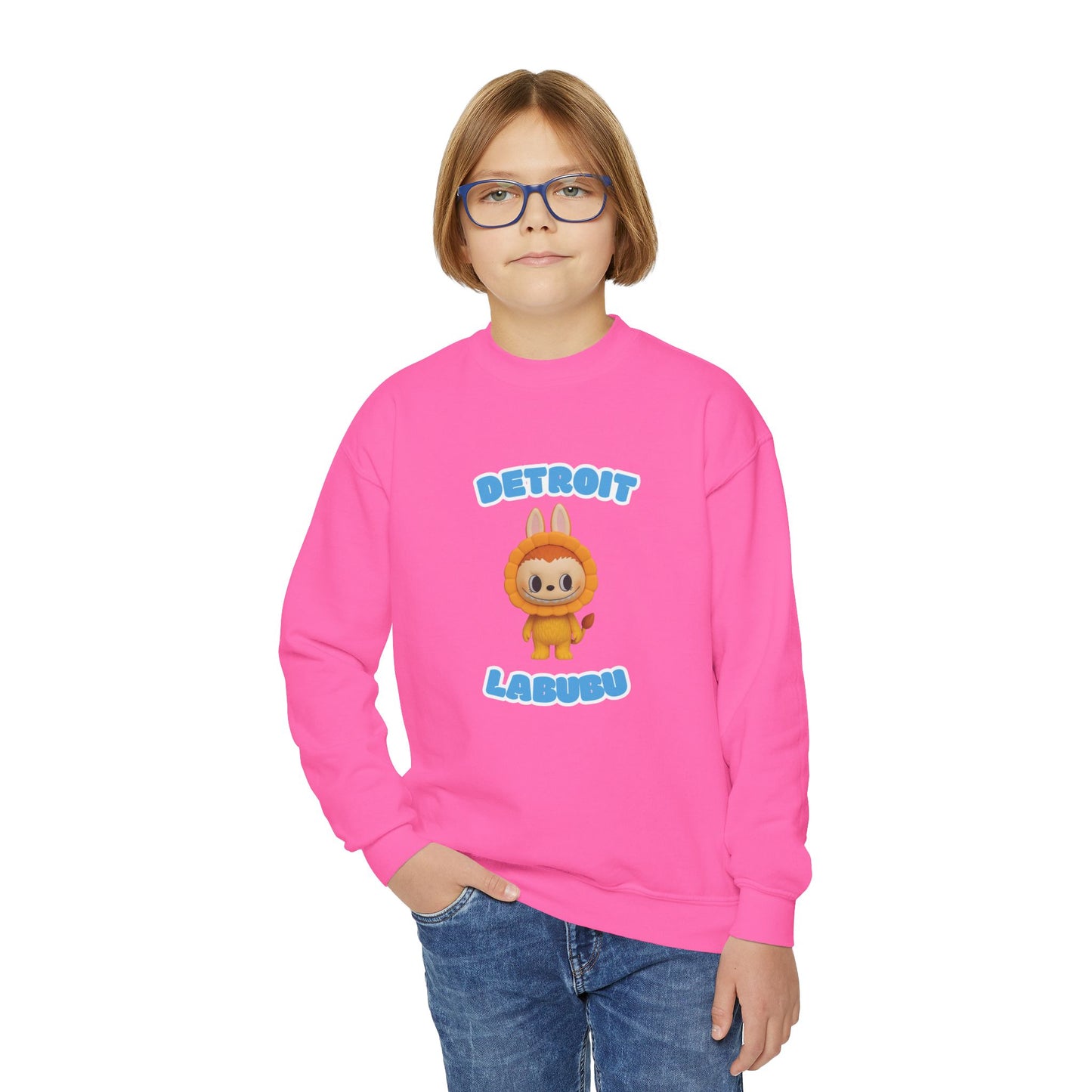 Detroit Labubu Youth Crewneck Sweatshirt | Strength & Kindness Collection | Cozy Kids Lion Graphic Pullover