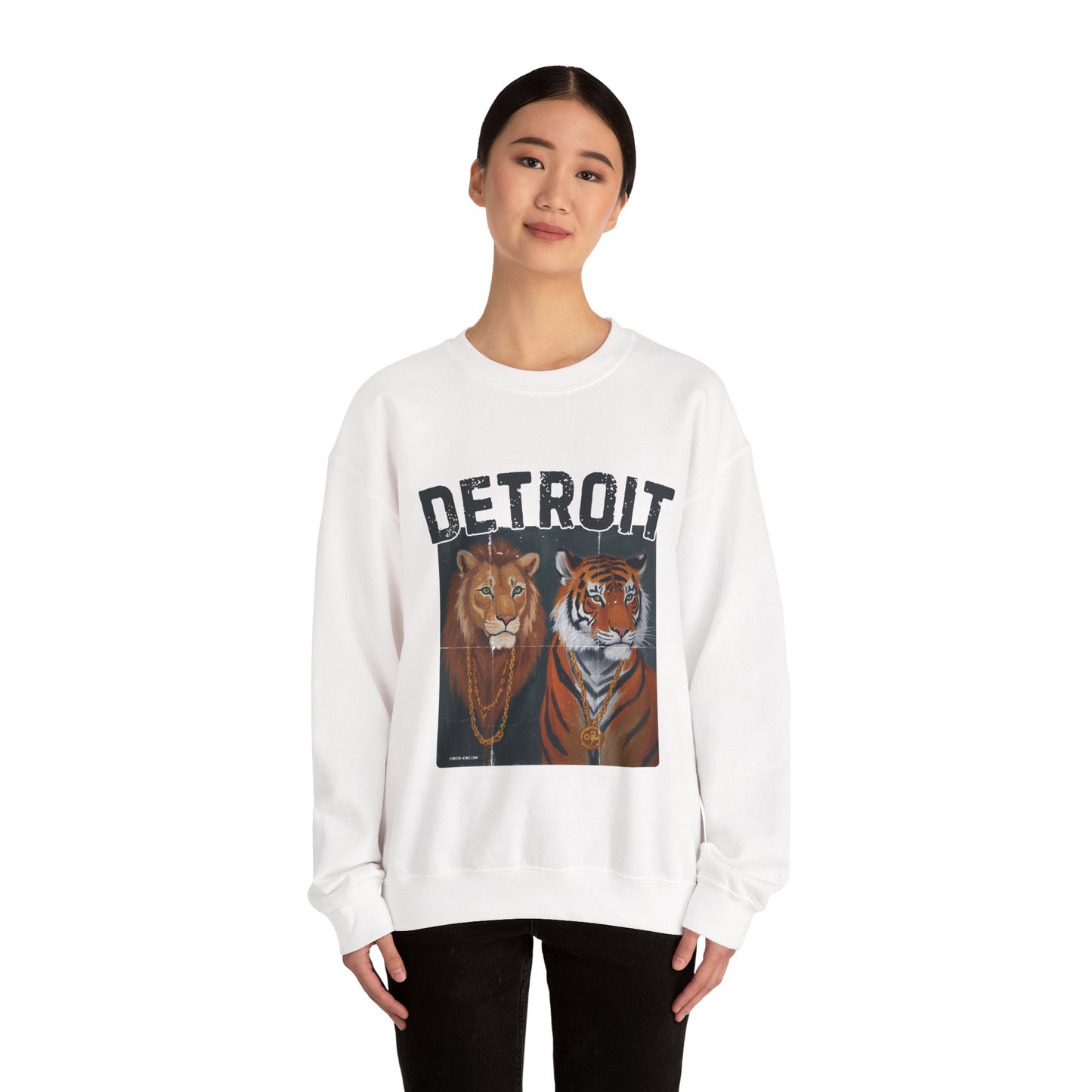 Strength & Power – Detroit Crewneck Sweatshirt | Unisex Heavy Blend Fleece | Lion & Tiger Graphic | Detroit Streetwear & Sports Fan Apparel