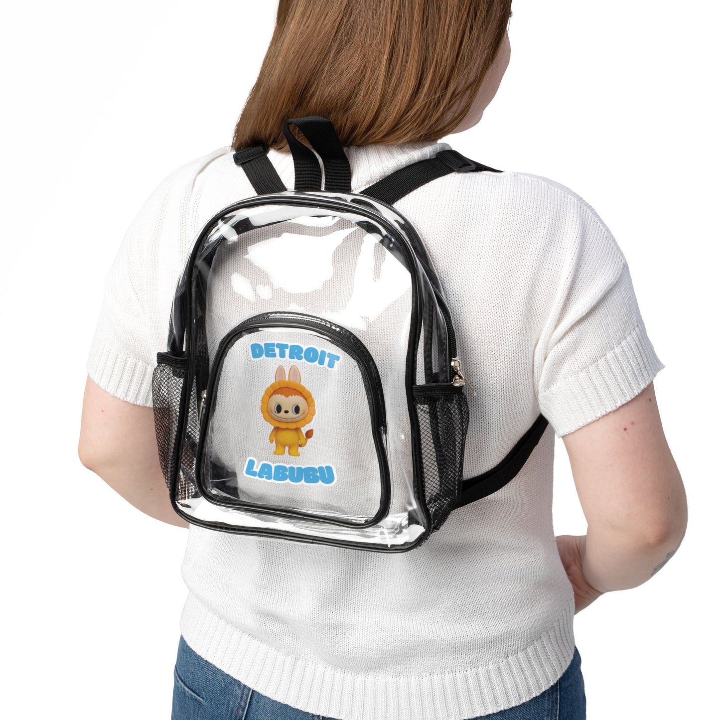 Detroit Labubu Clear Stadium Backpack | Strength & Kindness Collection | Transparent PVC Lion Graphic Bag for Game Day & Festiva