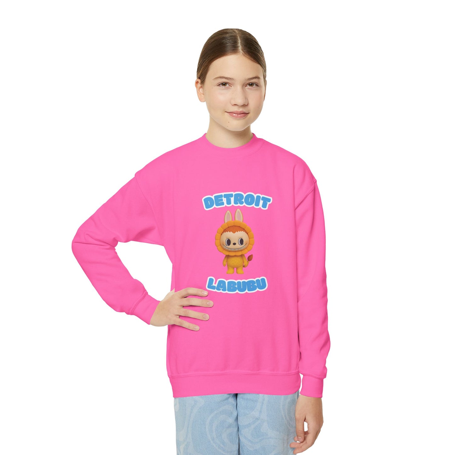 Detroit Labubu Youth Crewneck Sweatshirt | Strength & Kindness Collection | Cozy Kids Lion Graphic Pullover