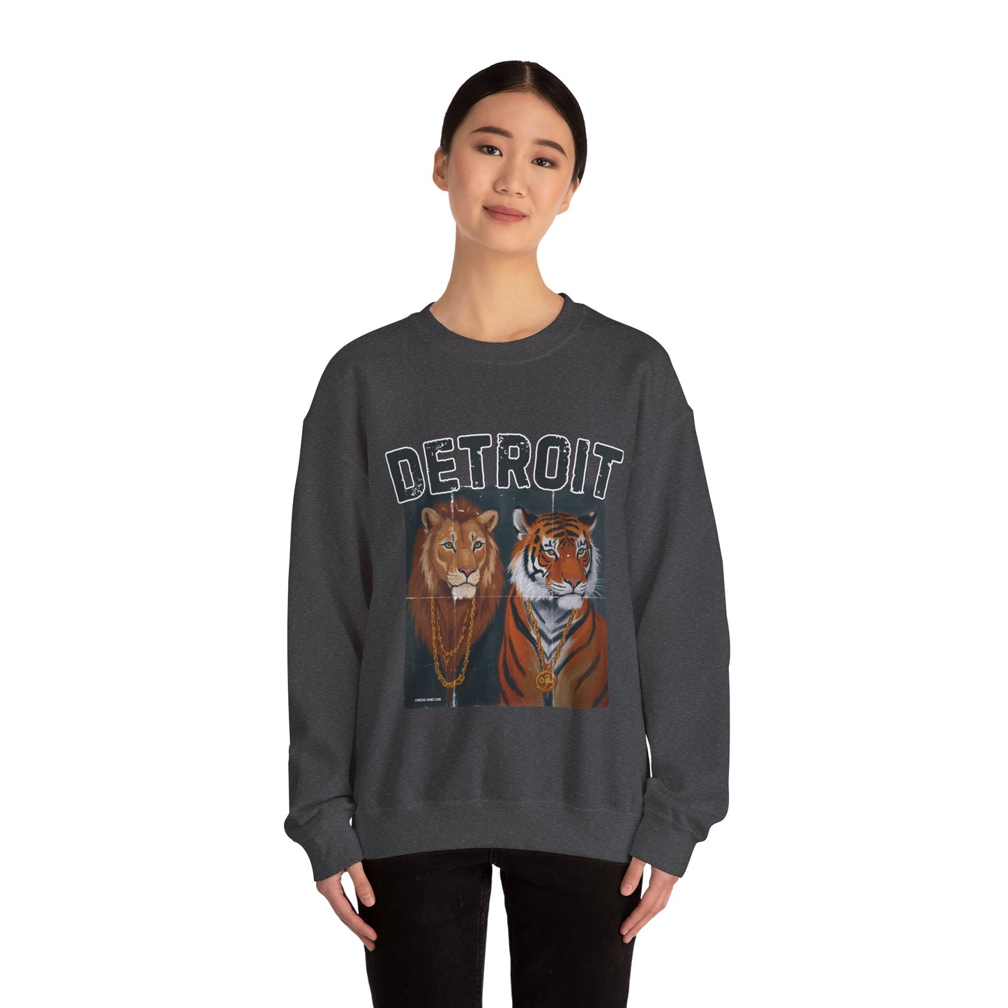 Strength & Power – Detroit Crewneck Sweatshirt | Unisex Heavy Blend Fleece | Lion & Tiger Graphic | Detroit Streetwear & Sports Fan Apparel