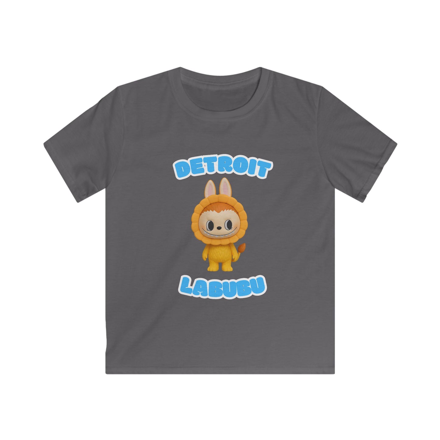 Detroit Labubu Kids T-Shirt- Cute Lion Graphic Tee, Unisex Youth Detroit Streetwear, Fun Animal Shirt for Boys & Girls