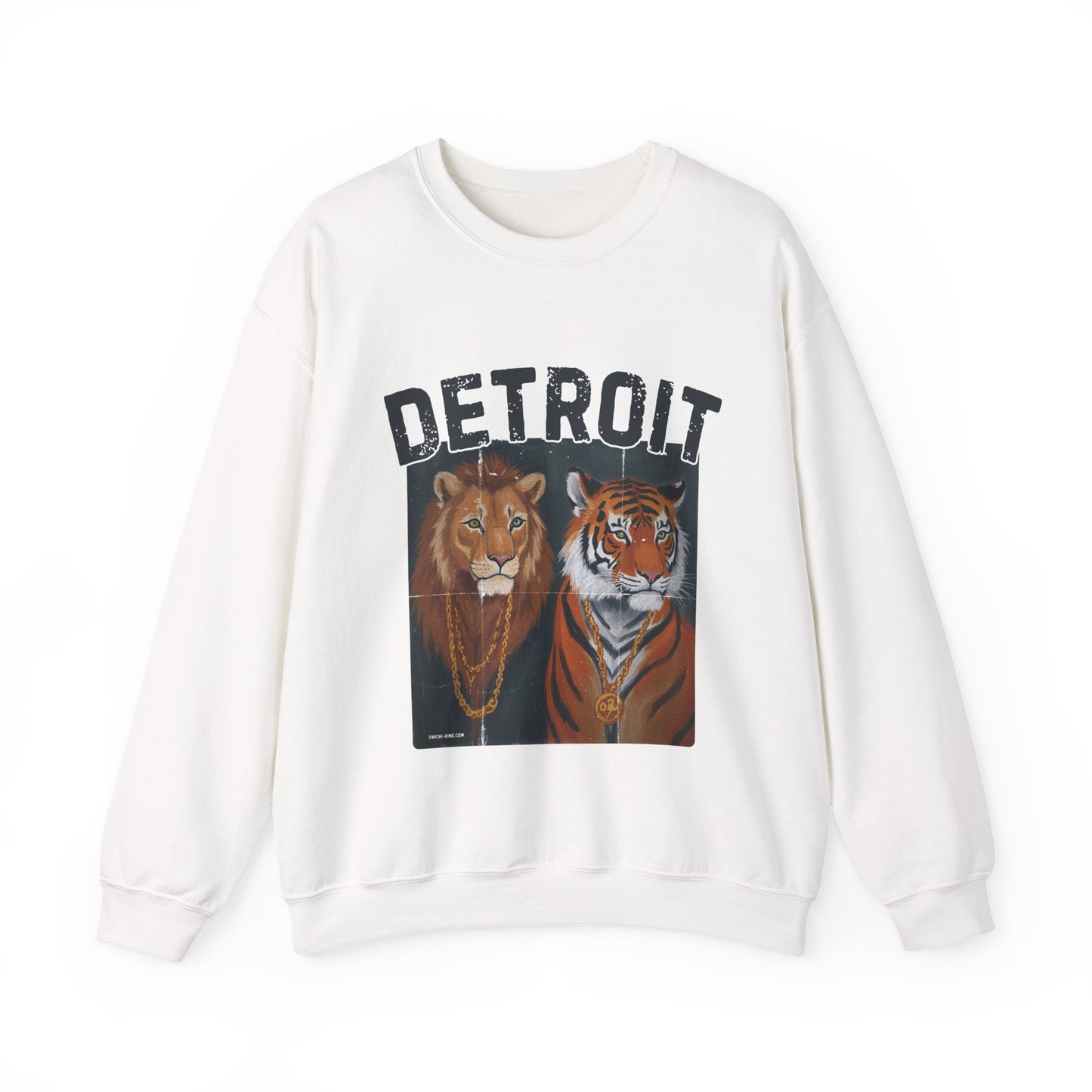 Strength & Power – Detroit Crewneck Sweatshirt | Unisex Heavy Blend Fleece | Lion & Tiger Graphic | Detroit Streetwear & Sports Fan Apparel