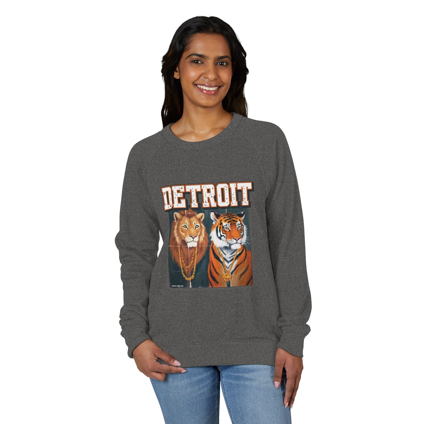 Pride & Power Detroit Crewneck, Unisex French Terry Raglan Sweatshirt, Lion Tiger Graphic, Retro Detroit Streetwear