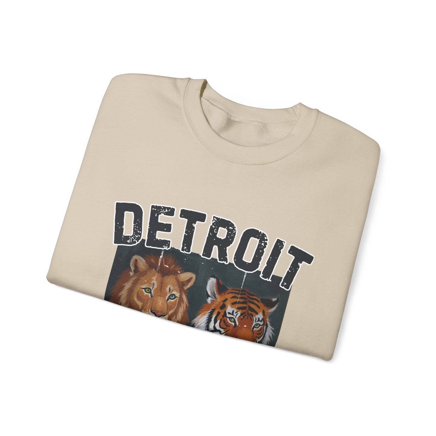 Strength & Power – Detroit Crewneck Sweatshirt | Unisex Heavy Blend Fleece | Lion & Tiger Graphic | Detroit Streetwear & Sports Fan Apparel
