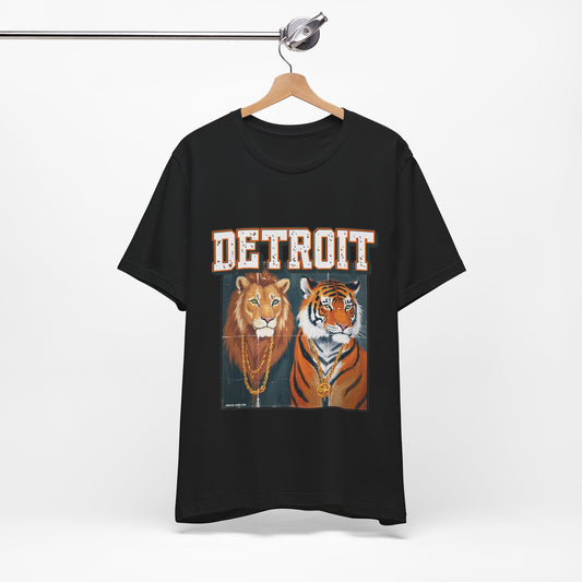 Pride & Power - Detroit T-Shirt, Unisex Jersey Short Sleeve Tee, Lion & Tiger Graphic, Detroit Streetwear & Sports Fan Apparel