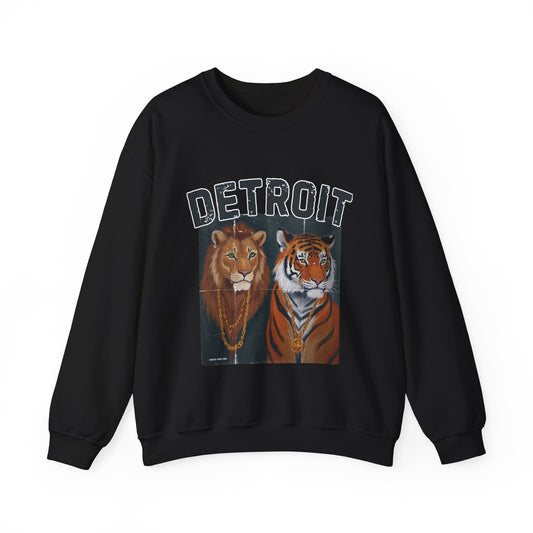 Strength & Power – Detroit Crewneck Sweatshirt | Unisex Heavy Blend Fleece | Lion & Tiger Graphic | Detroit Streetwear & Sports Fan Apparel