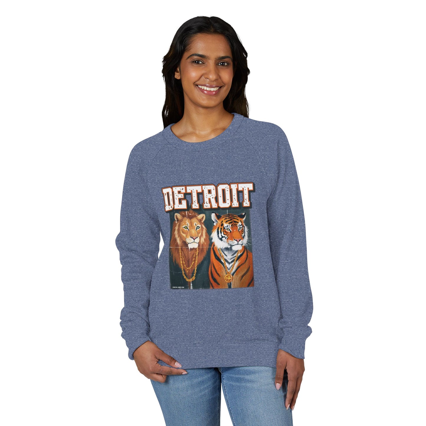 Pride & Power Detroit Crewneck, Unisex French Terry Raglan Sweatshirt, Lion Tiger Graphic, Retro Detroit Streetwear