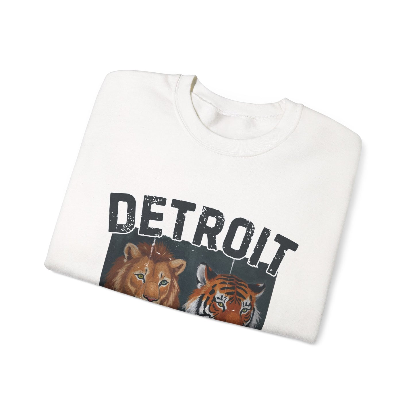 Strength & Power – Detroit Crewneck Sweatshirt | Unisex Heavy Blend Fleece | Lion & Tiger Graphic | Detroit Streetwear & Sports Fan Apparel