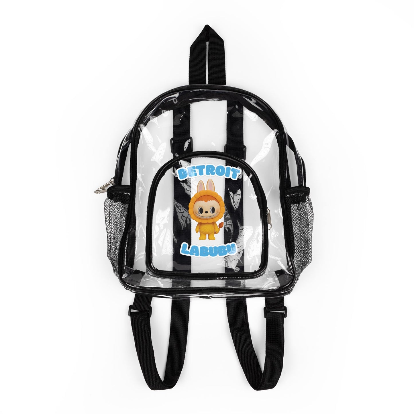 Detroit Labubu Clear Stadium Backpack | Strength & Kindness Collection | Transparent PVC Lion Graphic Bag for Game Day & Festiva