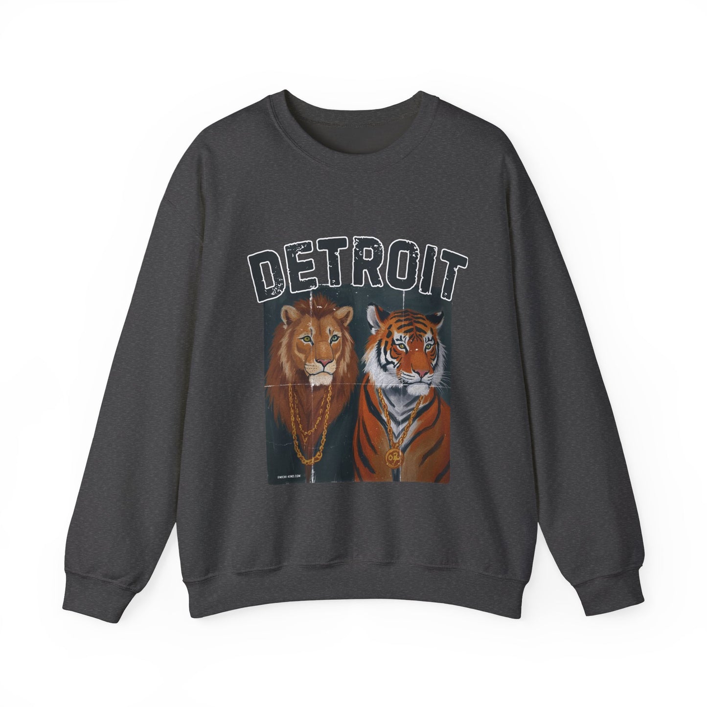 Strength & Power – Detroit Crewneck Sweatshirt | Unisex Heavy Blend Fleece | Lion & Tiger Graphic | Detroit Streetwear & Sports Fan Apparel