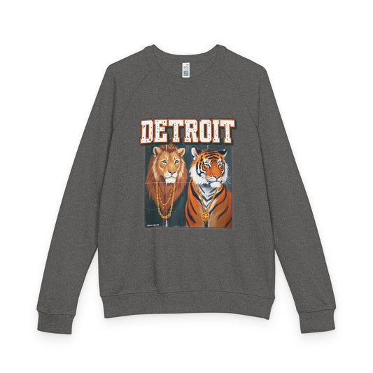 Pride & Power Detroit Crewneck, Unisex French Terry Raglan Sweatshirt, Lion Tiger Graphic, Retro Detroit Streetwear
