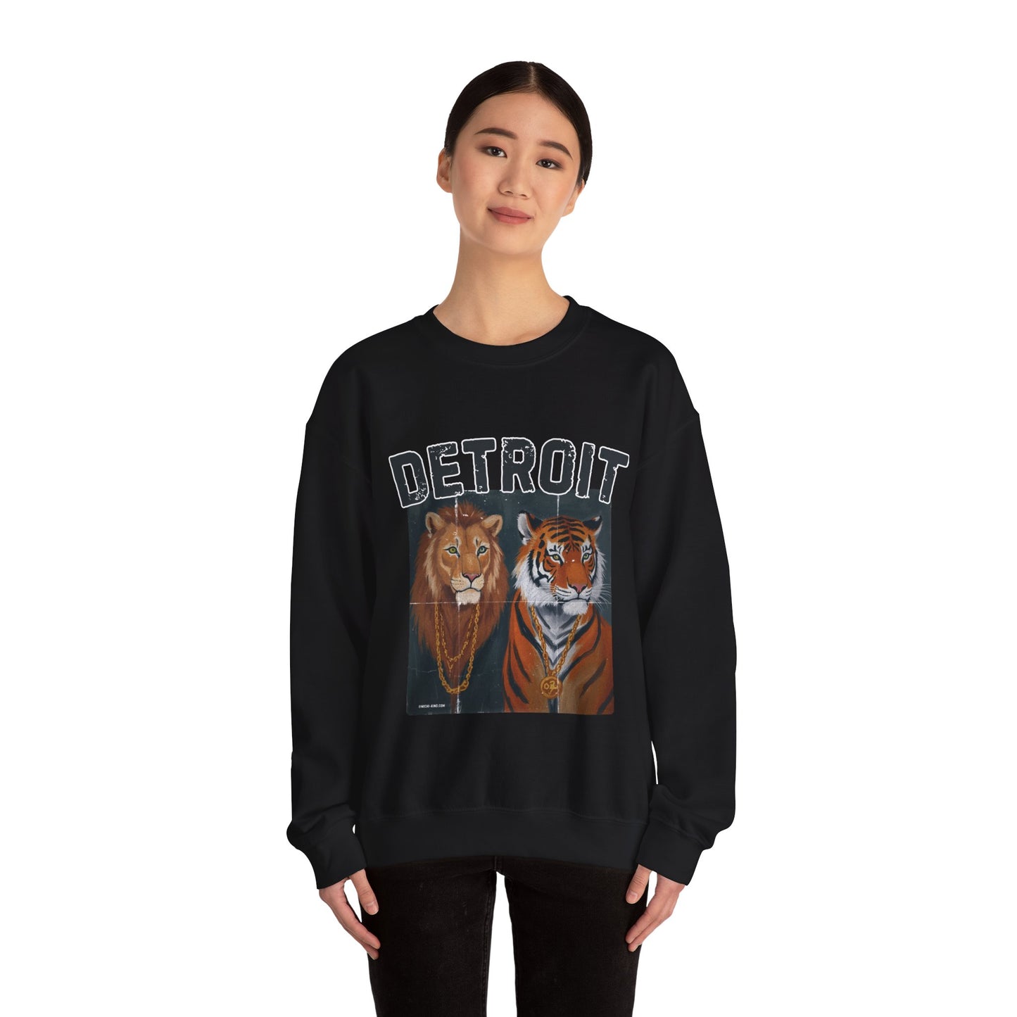Strength & Power – Detroit Crewneck Sweatshirt | Unisex Heavy Blend Fleece | Lion & Tiger Graphic | Detroit Streetwear & Sports Fan Apparel