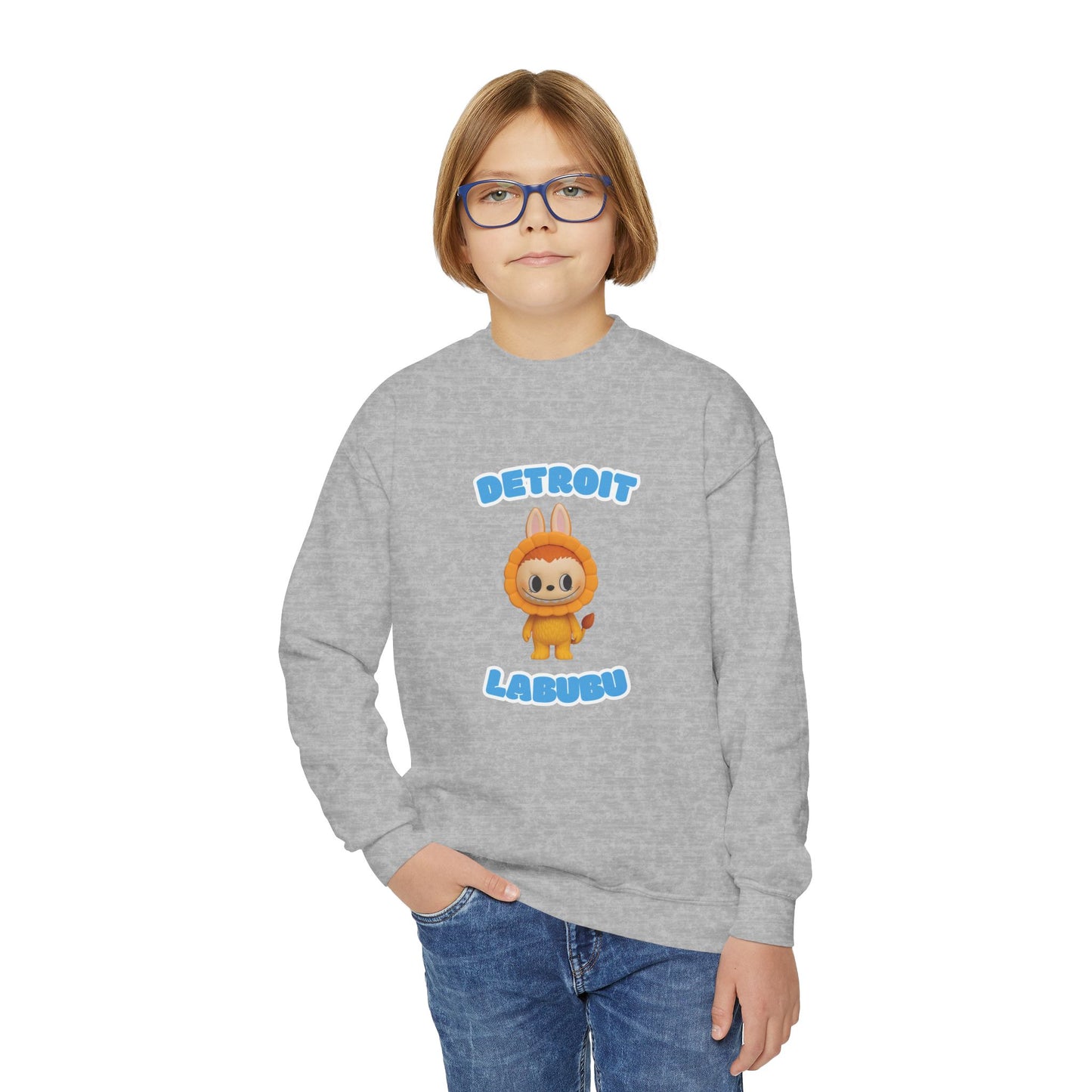Detroit Labubu Youth Crewneck Sweatshirt | Strength & Kindness Collection | Cozy Kids Lion Graphic Pullover