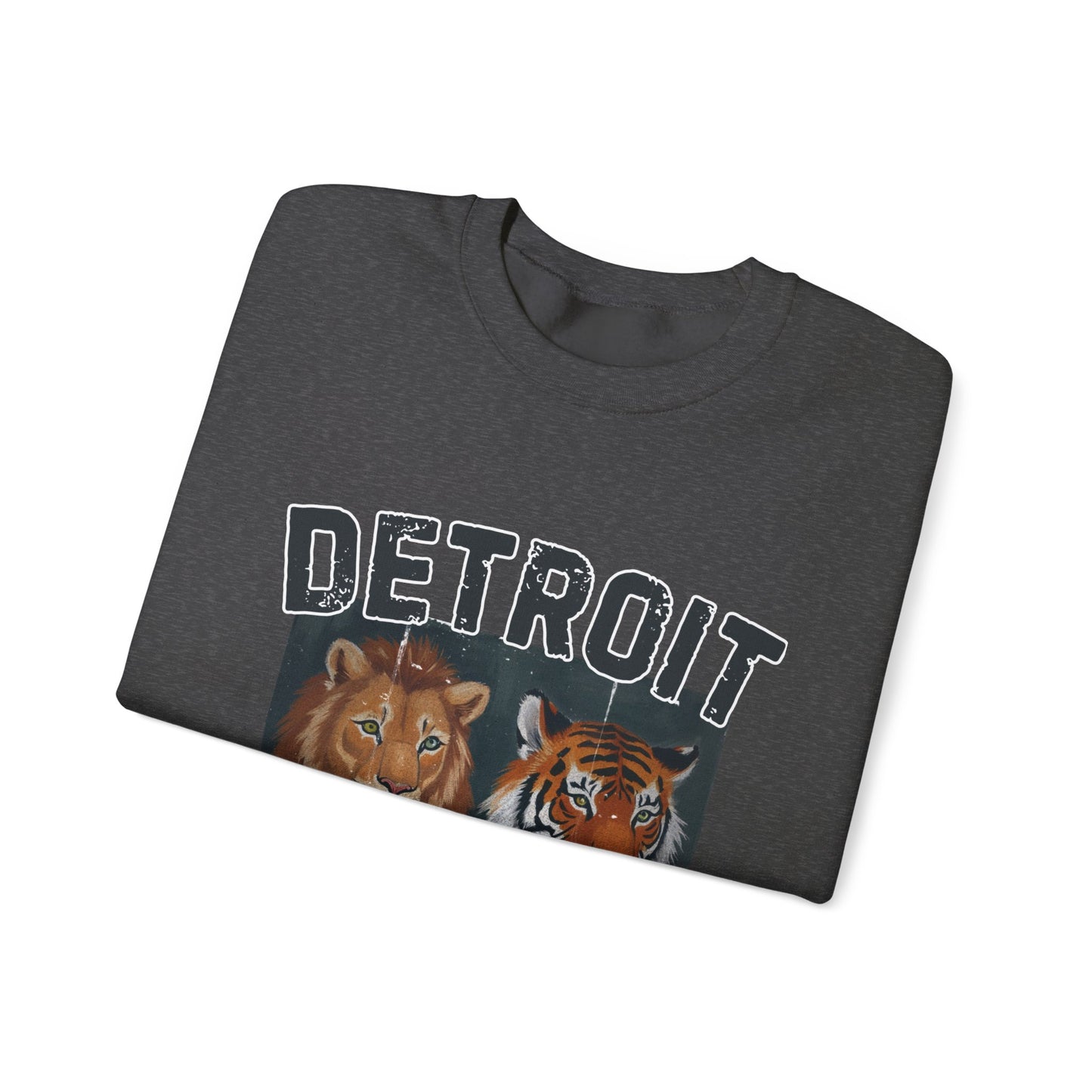 Strength & Power – Detroit Crewneck Sweatshirt | Unisex Heavy Blend Fleece | Lion & Tiger Graphic | Detroit Streetwear & Sports Fan Apparel