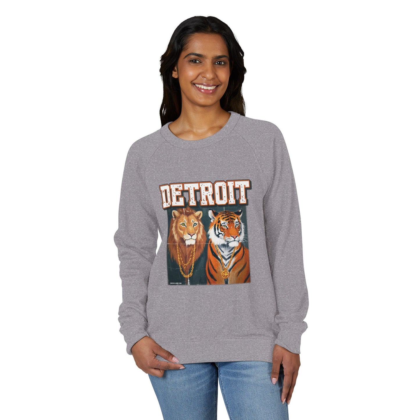 Pride & Power Detroit Crewneck, Unisex French Terry Raglan Sweatshirt, Lion Tiger Graphic, Retro Detroit Streetwear