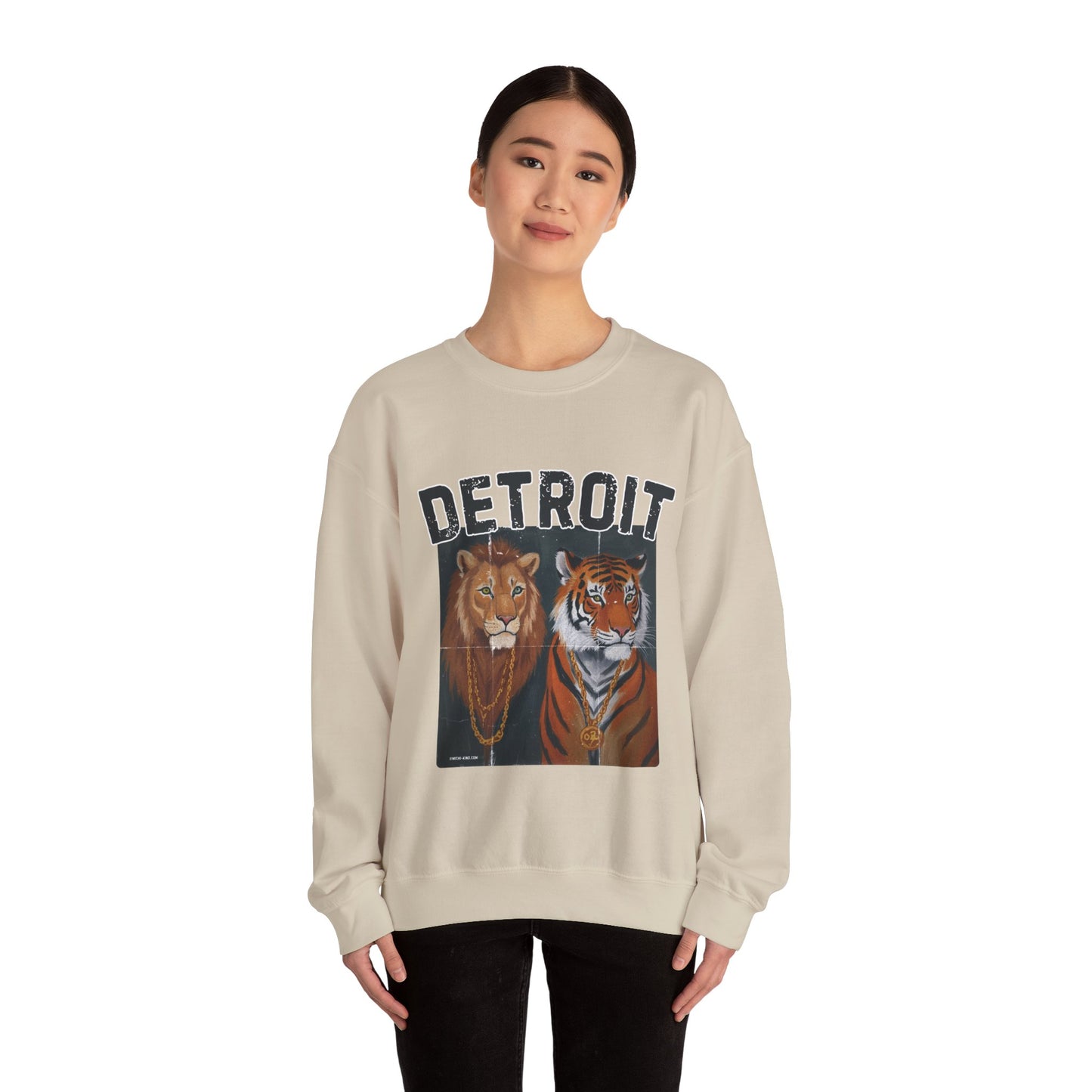 Strength & Power – Detroit Crewneck Sweatshirt | Unisex Heavy Blend Fleece | Lion & Tiger Graphic | Detroit Streetwear & Sports Fan Apparel