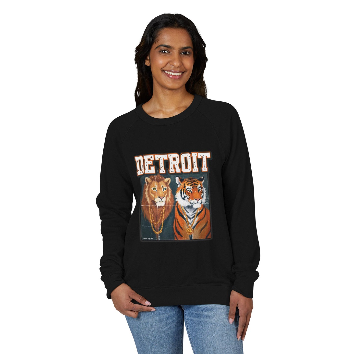 Pride & Power Detroit Crewneck, Unisex French Terry Raglan Sweatshirt, Lion Tiger Graphic, Retro Detroit Streetwear