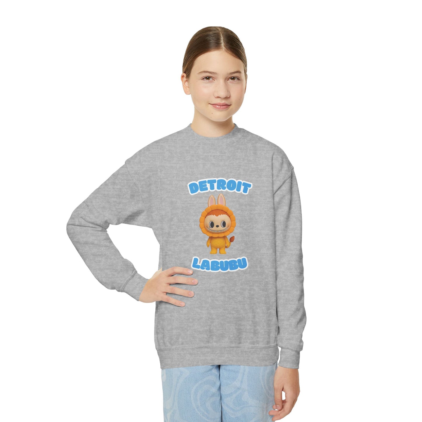 Detroit Labubu Youth Crewneck Sweatshirt | Strength & Kindness Collection | Cozy Kids Lion Graphic Pullover