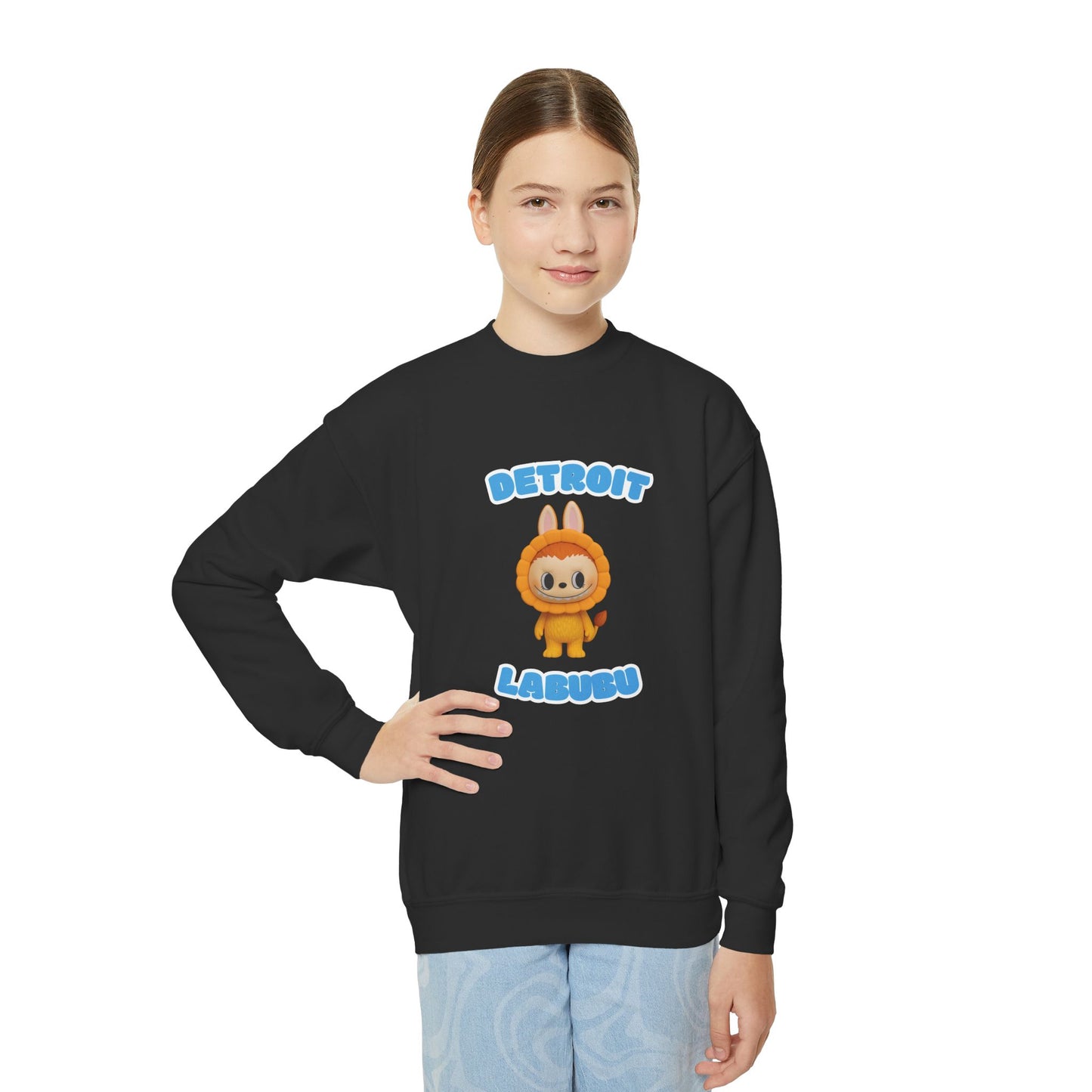Detroit Labubu Youth Crewneck Sweatshirt | Strength & Kindness Collection | Cozy Kids Lion Graphic Pullover
