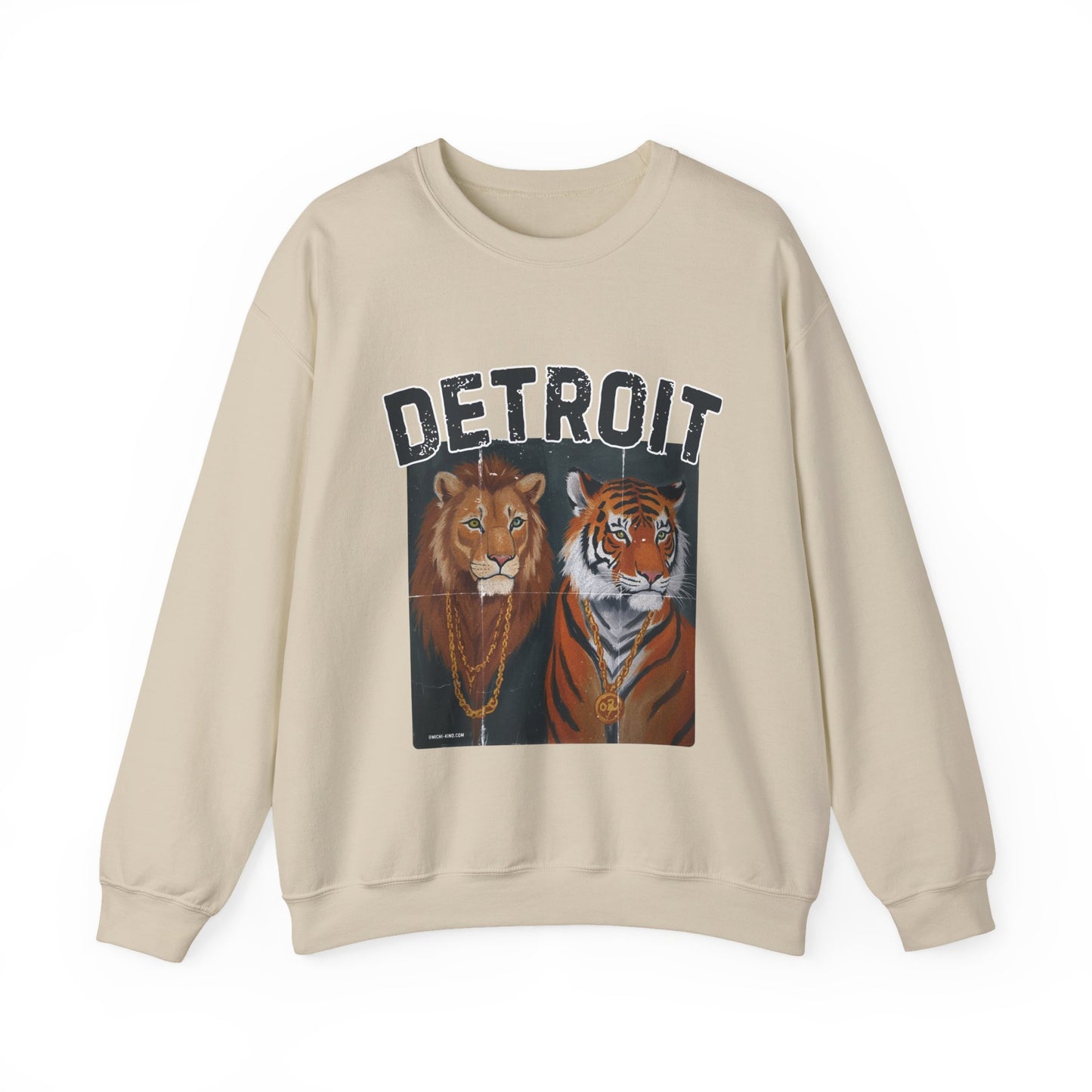 Strength & Power – Detroit Crewneck Sweatshirt | Unisex Heavy Blend Fleece | Lion & Tiger Graphic | Detroit Streetwear & Sports Fan Apparel