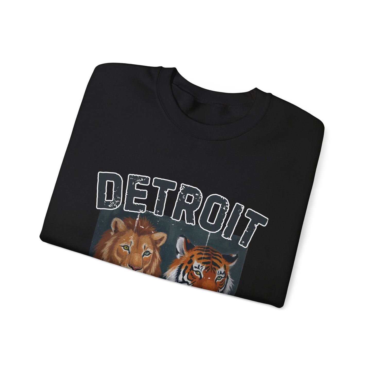 Strength & Power – Detroit Crewneck Sweatshirt | Unisex Heavy Blend Fleece | Lion & Tiger Graphic | Detroit Streetwear & Sports Fan Apparel