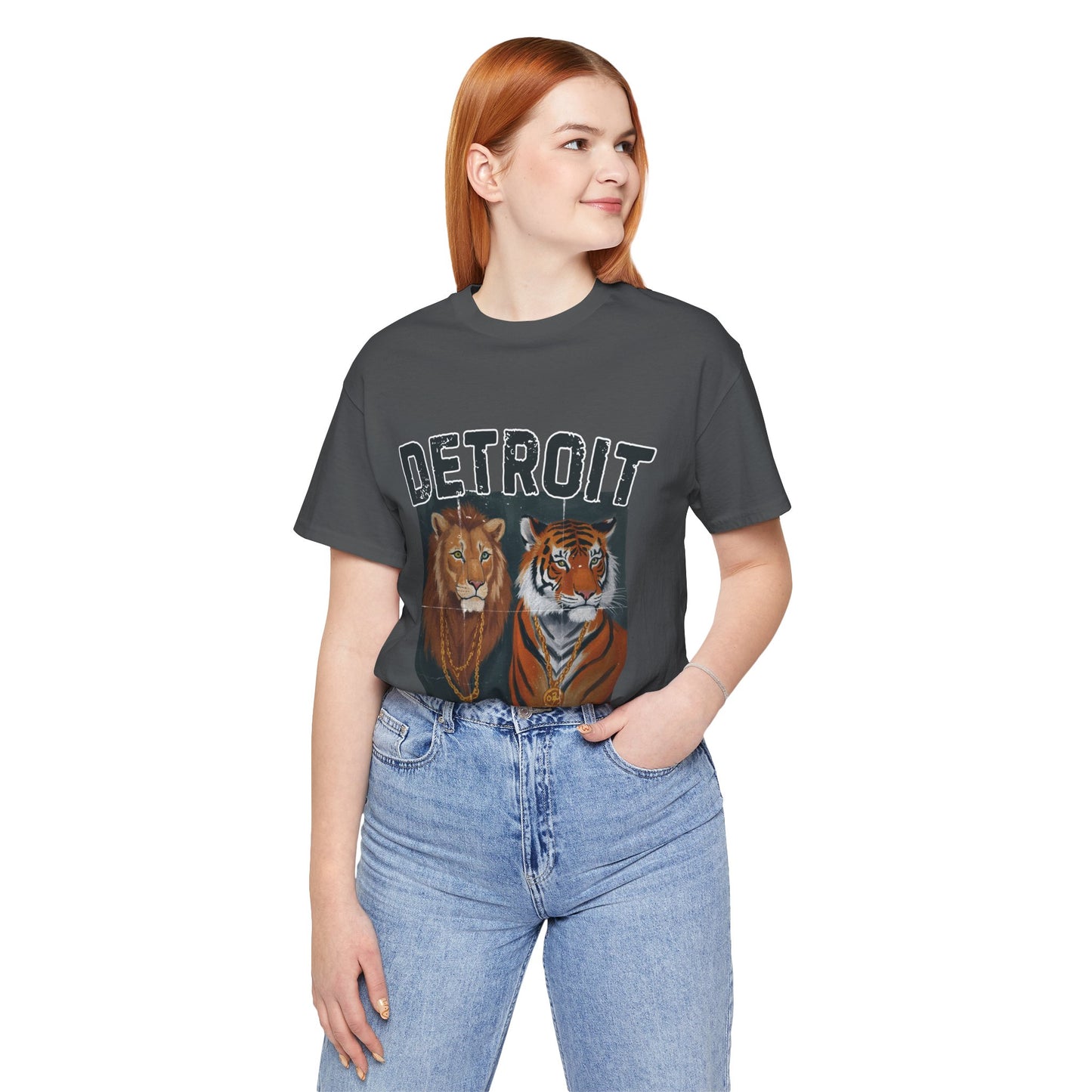 Strength & Power – Detroit T-Shirt, Unisex Jersey Short Sleeve Tee, 100% Airlume Cotton, Lion & Tiger Graphic,Detroit Streetwear & Sports Fan Gear