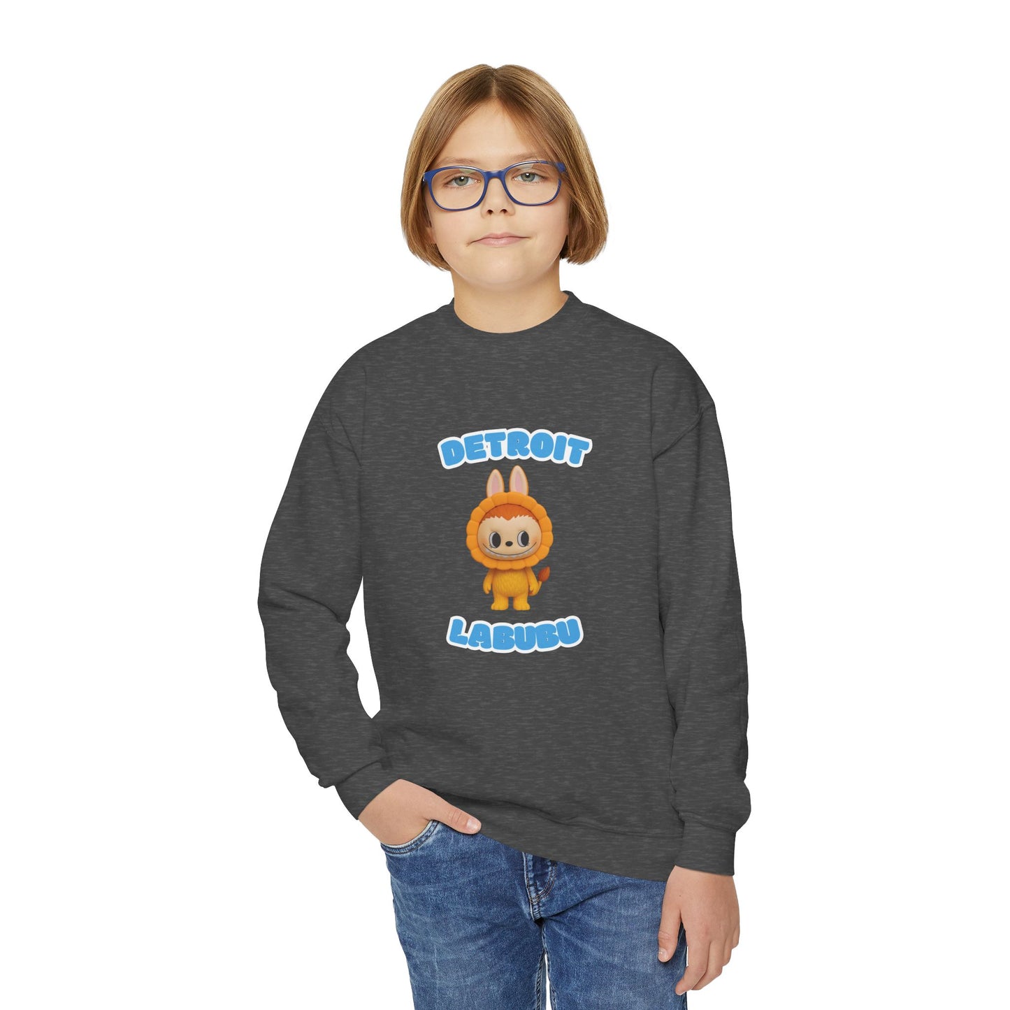 Detroit Labubu Youth Crewneck Sweatshirt | Strength & Kindness Collection | Cozy Kids Lion Graphic Pullover